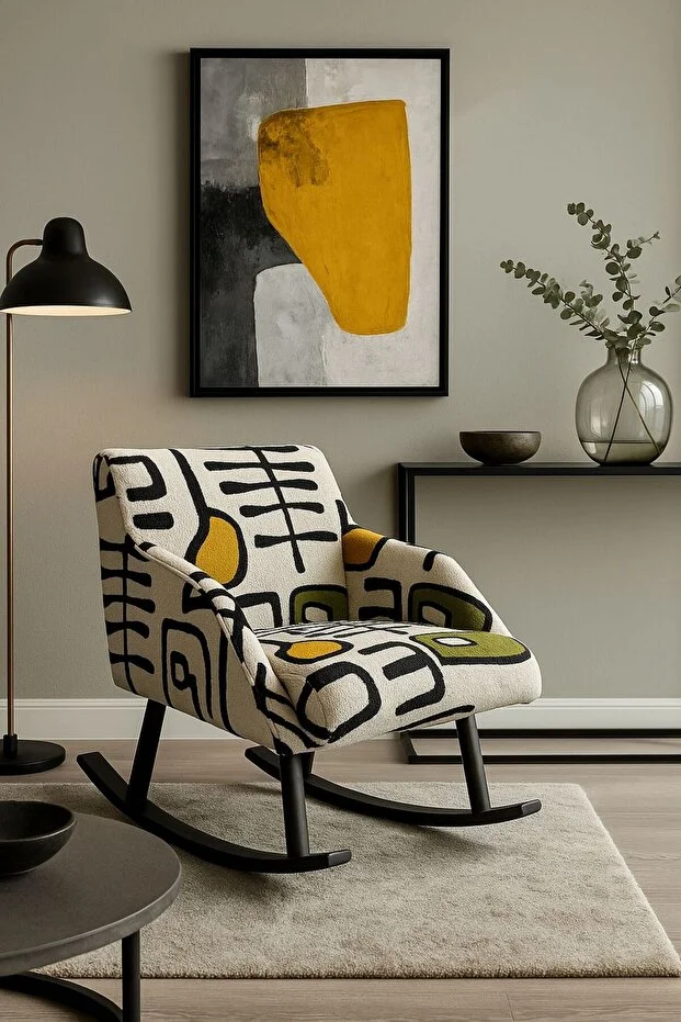 Sallanan Ahşap Ayaklı Bohem Tarz Dokuma Kumaş Berjer Koltuk